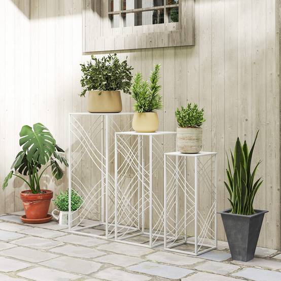 Ensemble de 3 supports à plantes empilables métal blanc hauteurs 50/60/70 cm intérieur extérieur jardin - Image 3