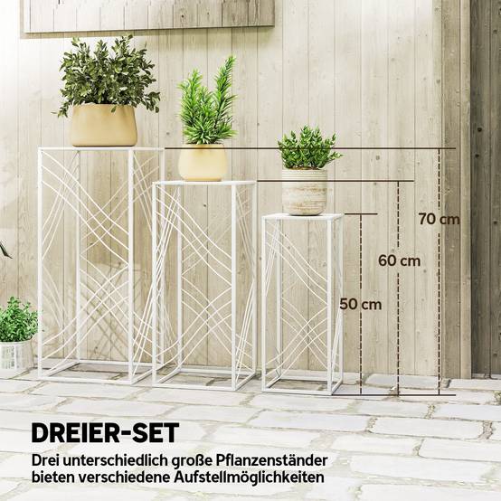 Ensemble de 3 supports à plantes empilables métal blanc hauteurs 50/60/70 cm intérieur extérieur jardin - Image 6