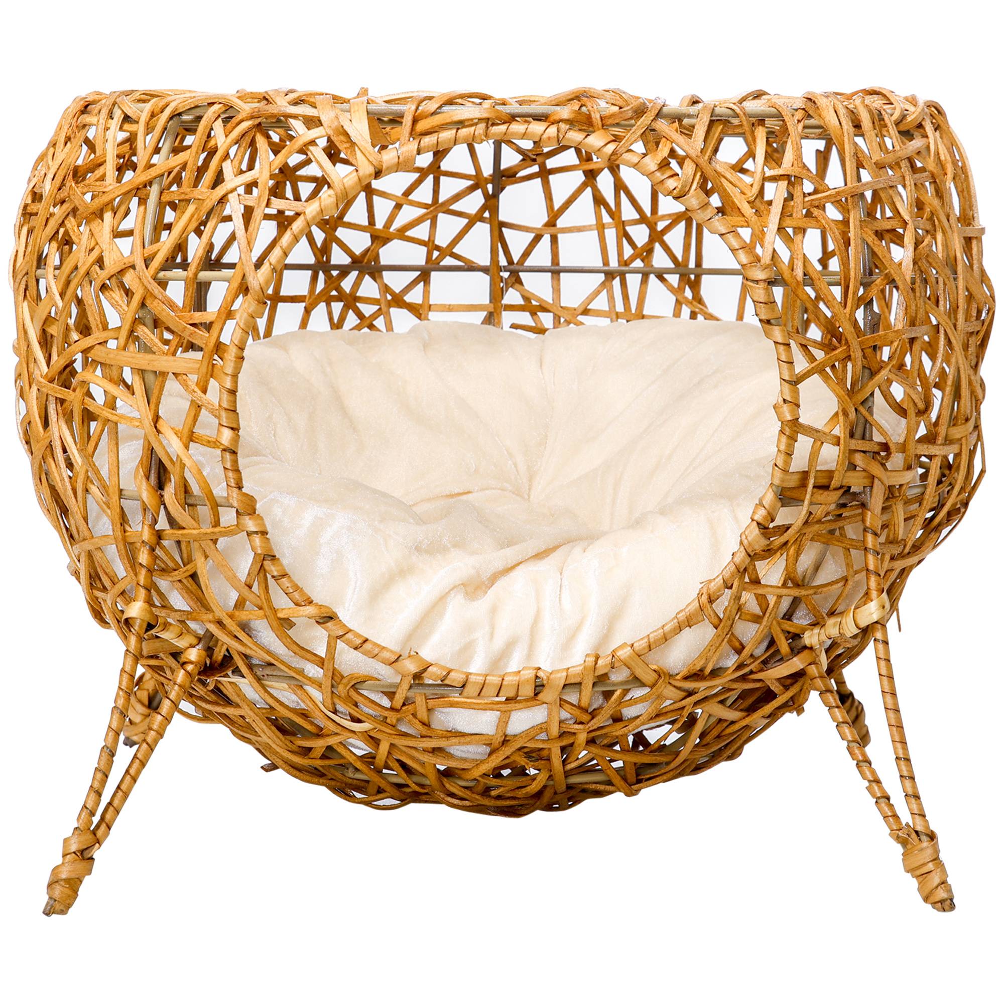 Panier niche chat en rotin, coussin épais, Ø40x32 cm, marron clair - Image 2