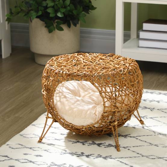 Panier niche chat en rotin, coussin épais, Ø40x32 cm, marron clair - Image 4