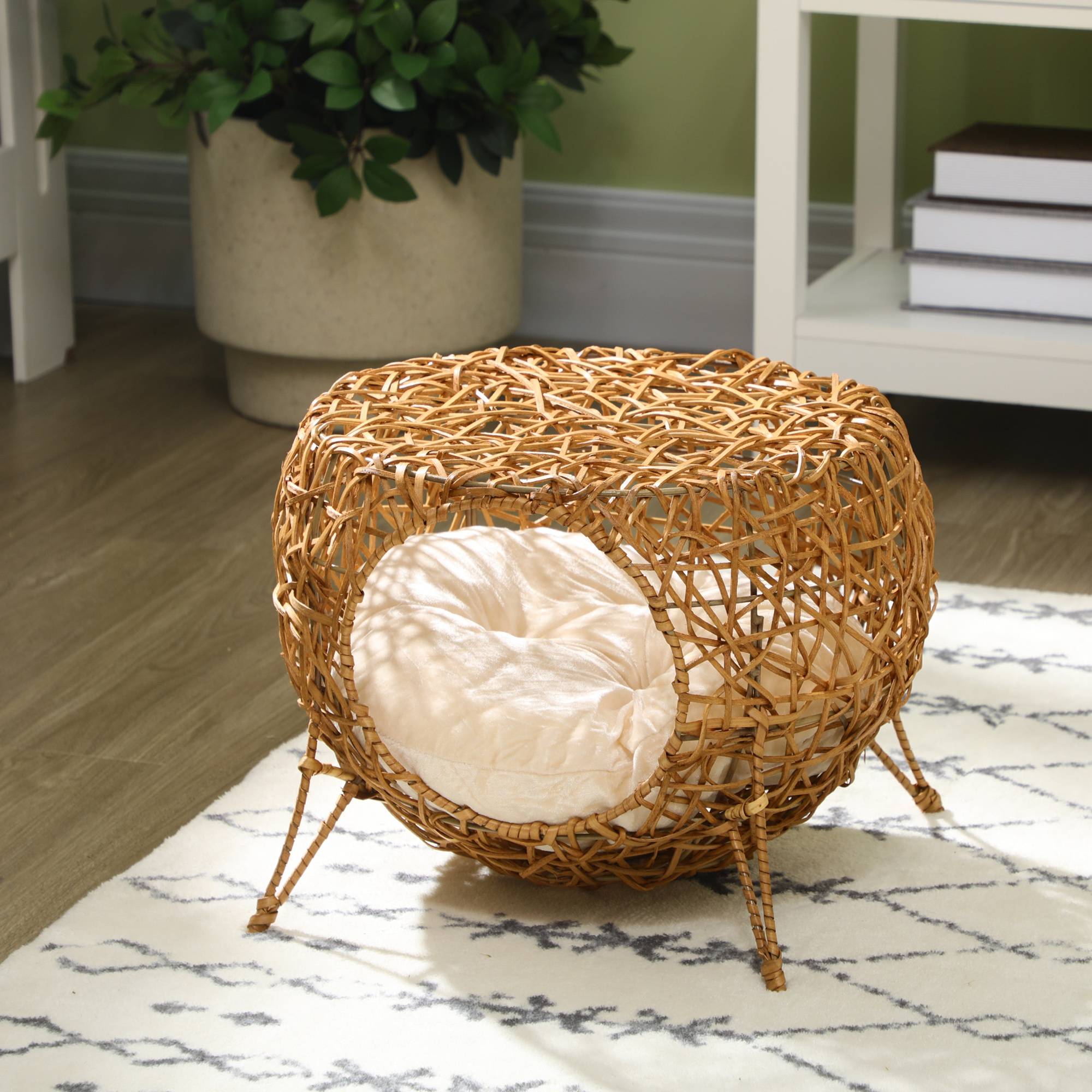 Panier niche chat en rotin, coussin épais, Ø40x32 cm, marron clair - Image 4