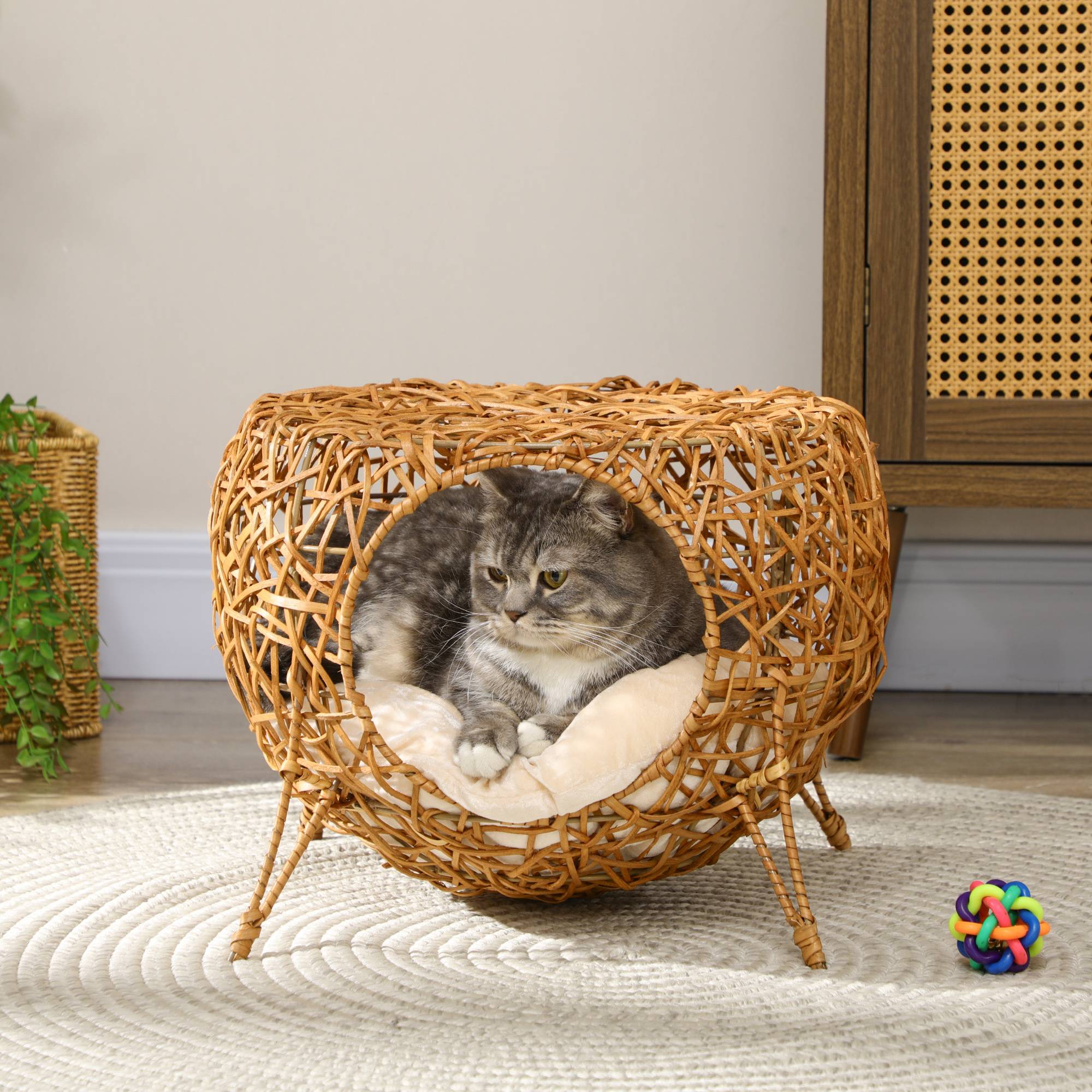 Panier niche chat en rotin, coussin épais, Ø40x32 cm, marron clair - Image 3