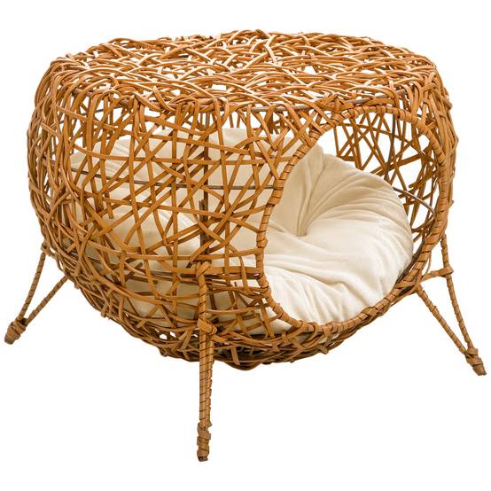 Panier niche chat en rotin, coussin épais, Ø40x32 cm, marron clair - Image 1
