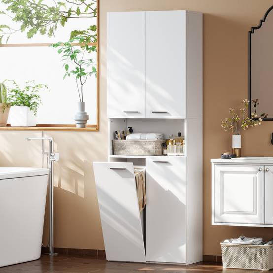 Meuble salle de bain avec 2 portes, panier linge rabattable et étagère ouverte, rangement 60x30x174 cm blanc moderne - Image 3