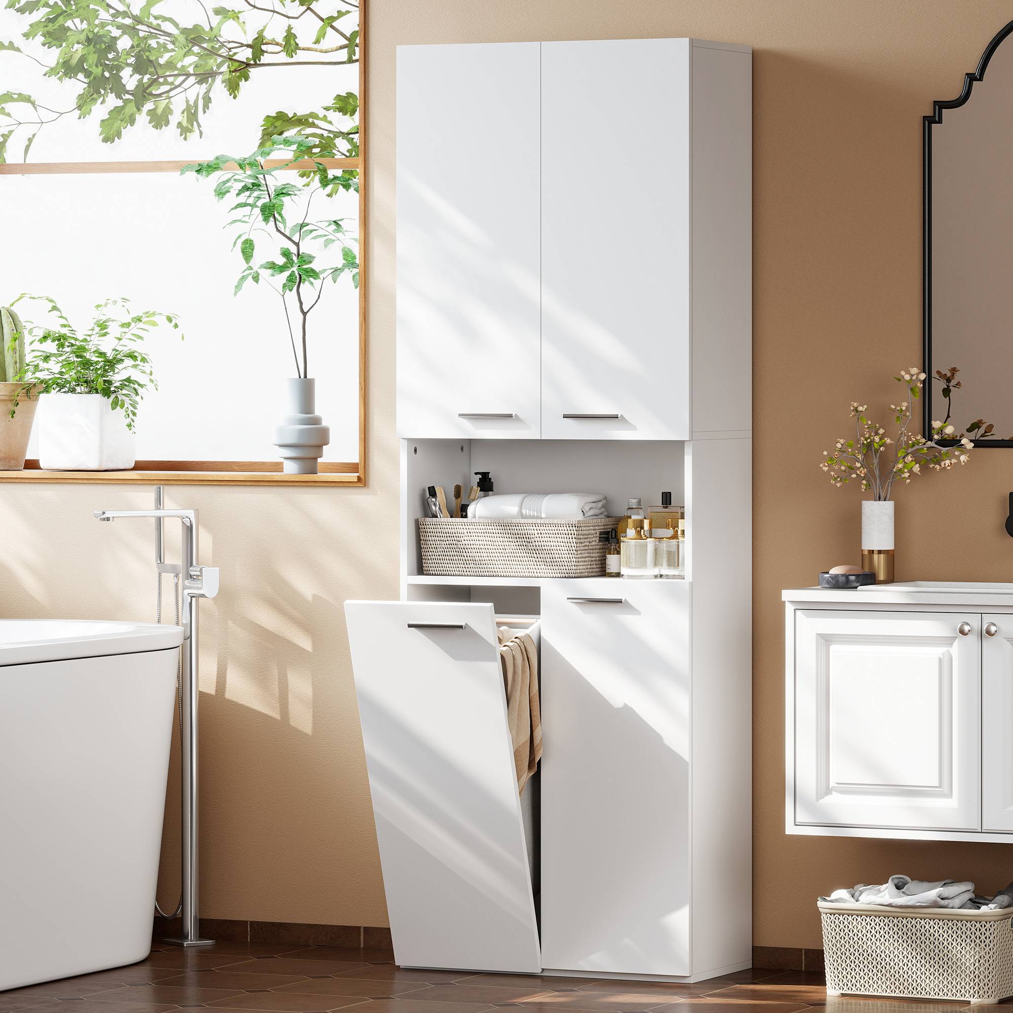 Meuble salle de bain avec 2 portes, panier linge rabattable et étagère ouverte, rangement 60x30x174 cm blanc moderne - Image 3