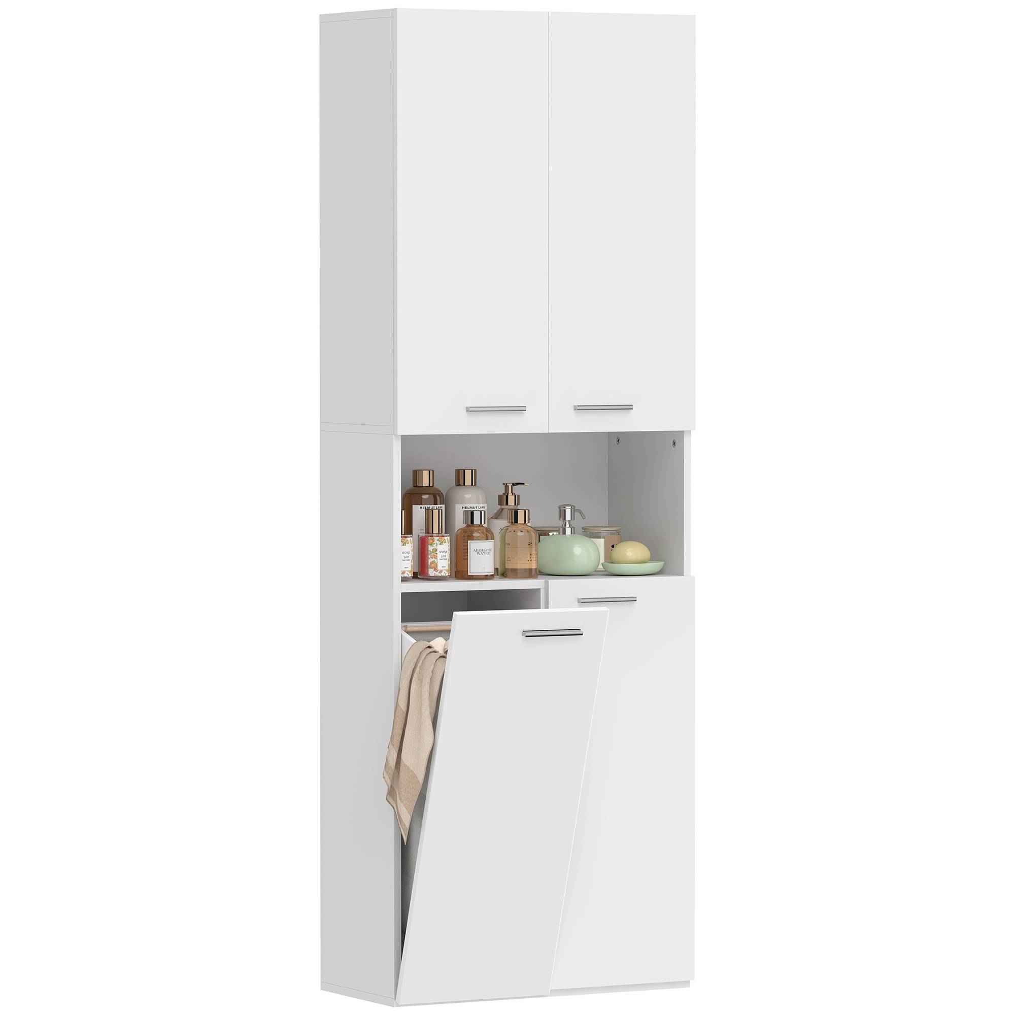 Meuble salle de bain avec 2 portes, panier linge rabattable et étagère ouverte, rangement 60x30x174 cm blanc moderne - Image 1