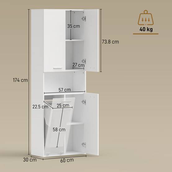 Meuble salle de bain avec 2 portes, panier linge rabattable et étagère ouverte, rangement 60x30x174 cm blanc moderne - Image 5