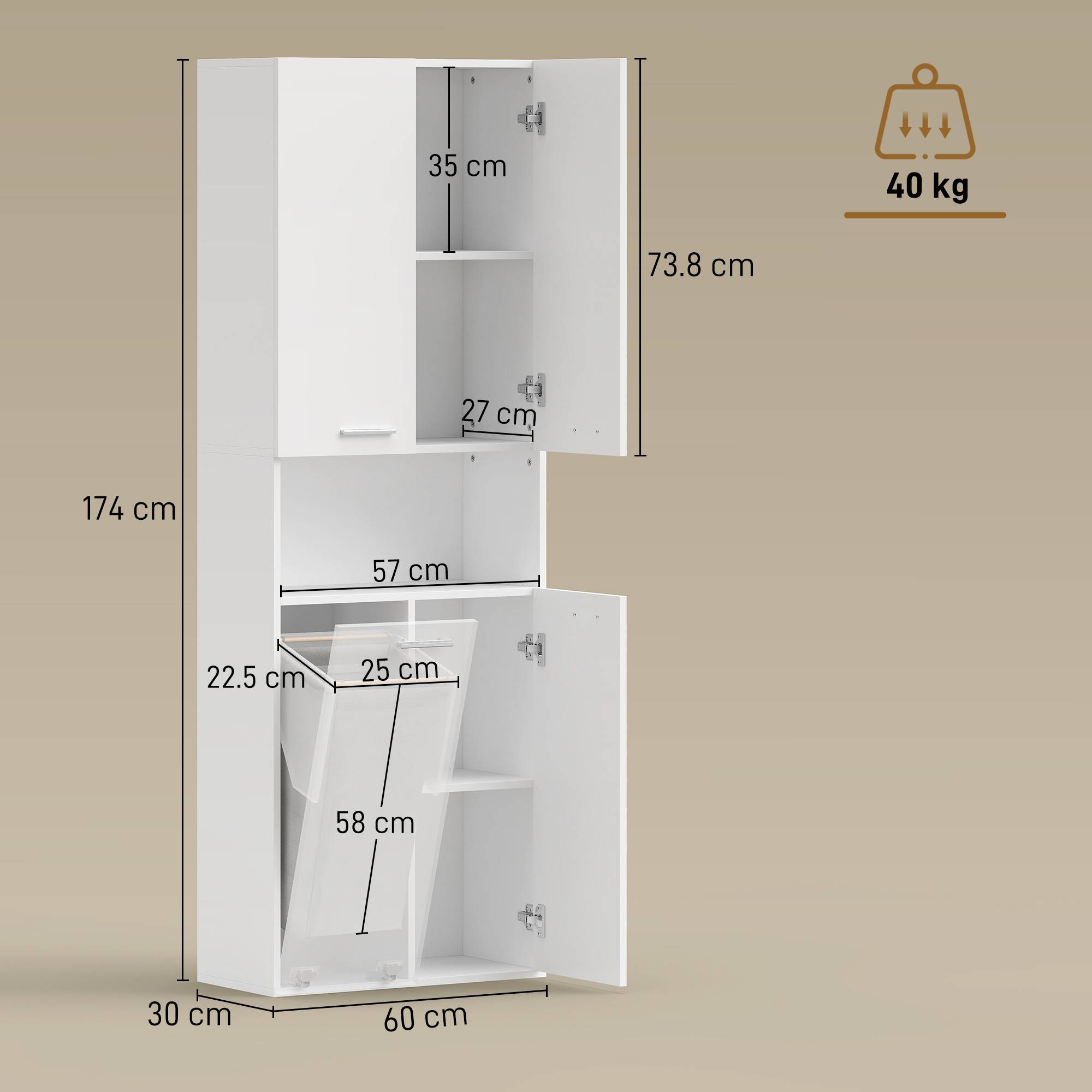 Meuble salle de bain avec 2 portes, panier linge rabattable et étagère ouverte, rangement 60x30x174 cm blanc moderne - Image 5