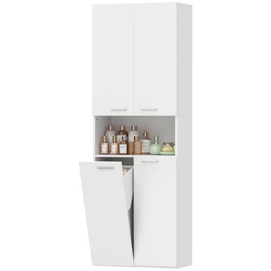 Meuble salle de bain avec 2 portes, panier linge rabattable et étagère ouverte, rangement 60x30x174 cm blanc moderne - Image 2