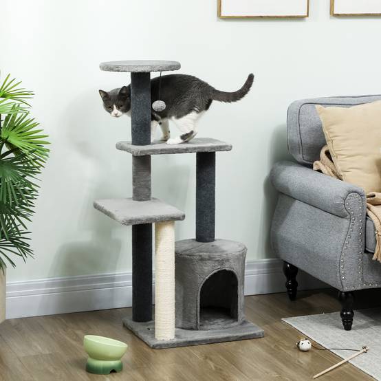 Arbre à chat avec sisal pour deux félins plateformes et niche 103cm gris - ComfortXL Outdoor Living - Image 3