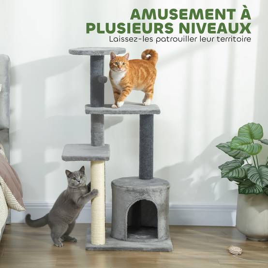Arbre à chat avec sisal pour deux félins plateformes et niche 103cm gris - ComfortXL Outdoor Living - Image 6