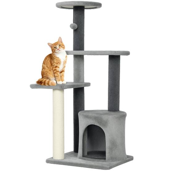 Arbre à chat avec sisal pour deux félins plateformes et niche 103cm gris - ComfortXL Outdoor Living - Image 1