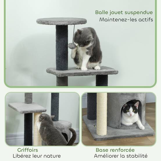 Arbre à chat avec sisal pour deux félins plateformes et niche 103cm gris - ComfortXL Outdoor Living - Image 8