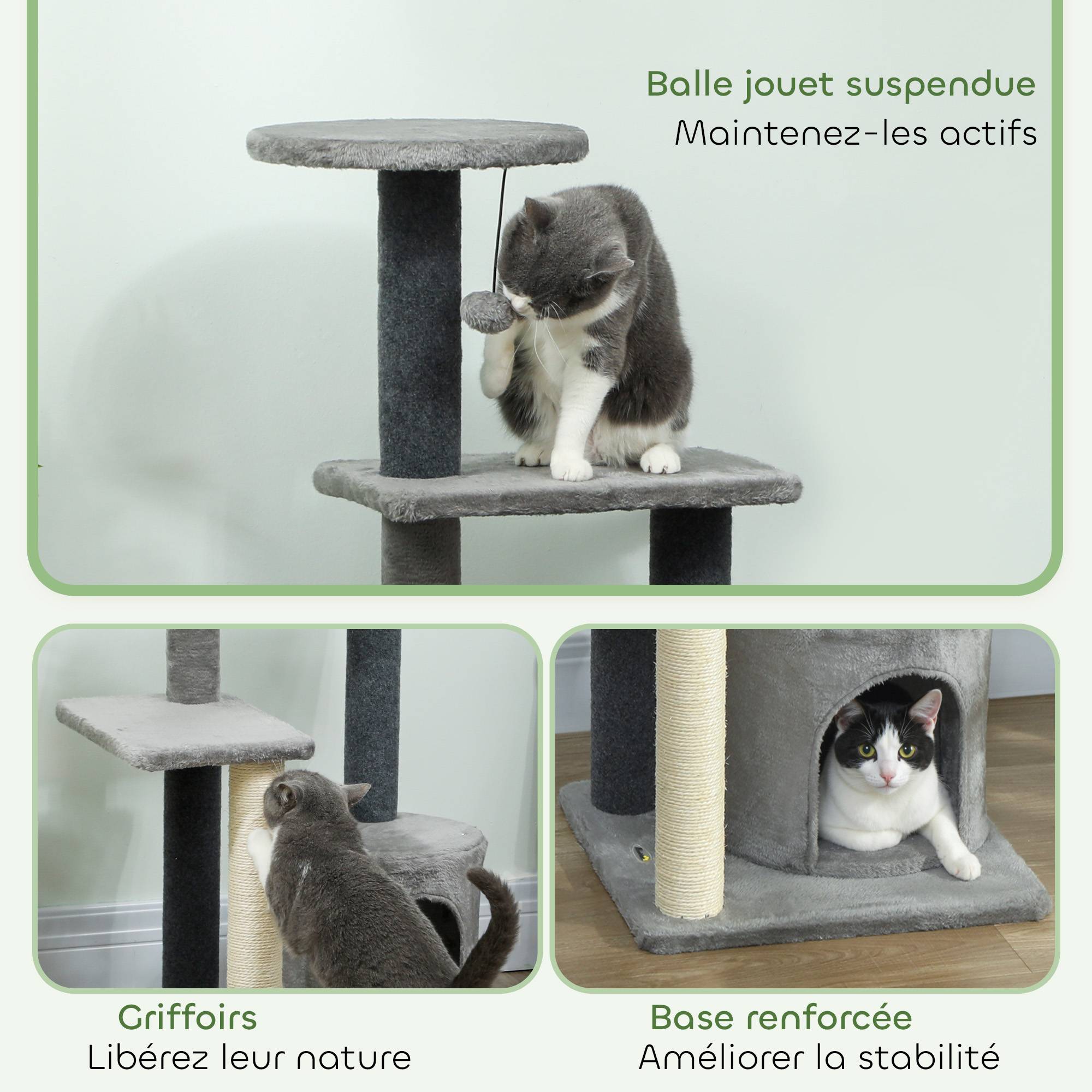 Arbre à chat avec sisal pour deux félins plateformes et niche 103cm gris - ComfortXL Outdoor Living - Image 8