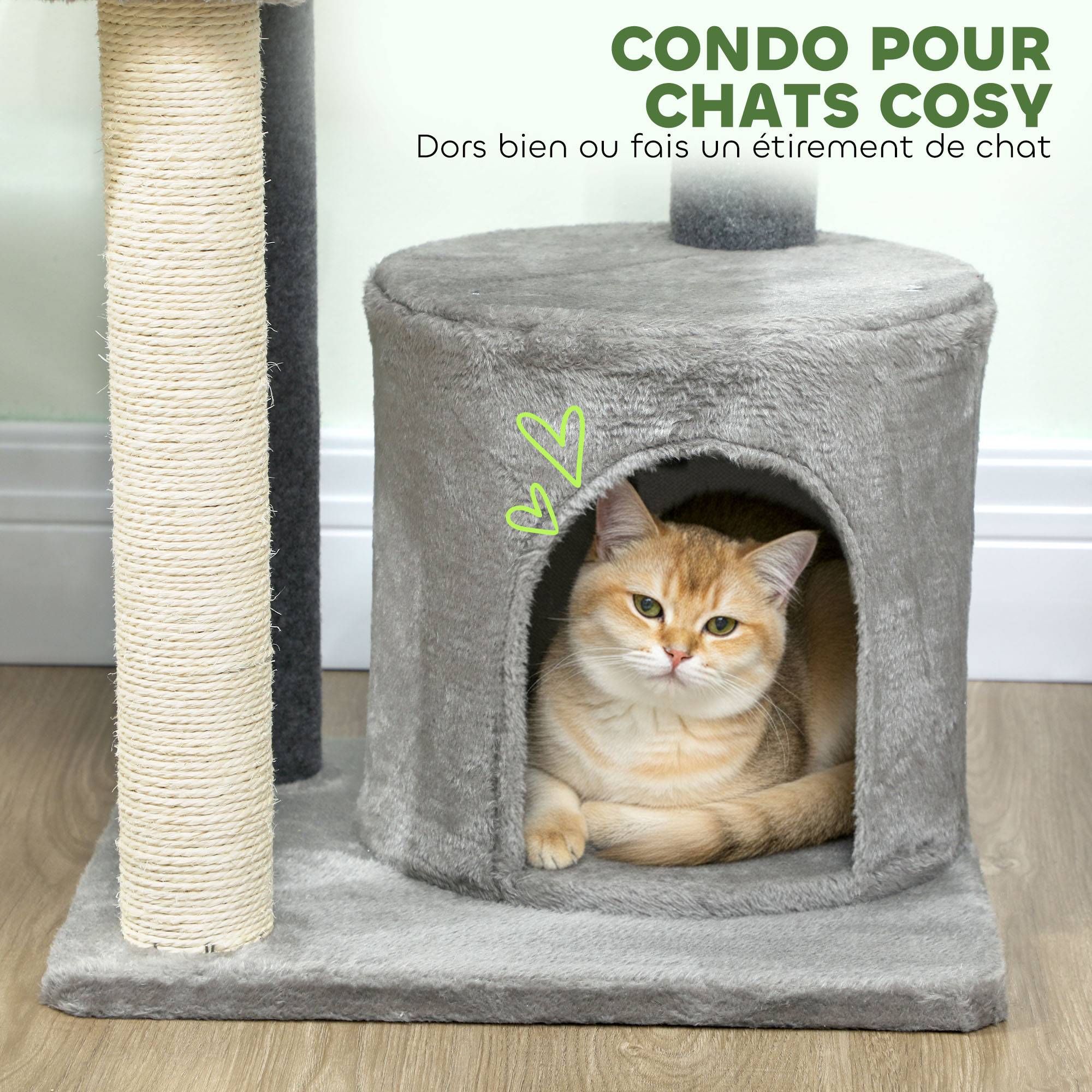 Arbre à chat avec sisal pour deux félins plateformes et niche 103cm gris - ComfortXL Outdoor Living - Image 7