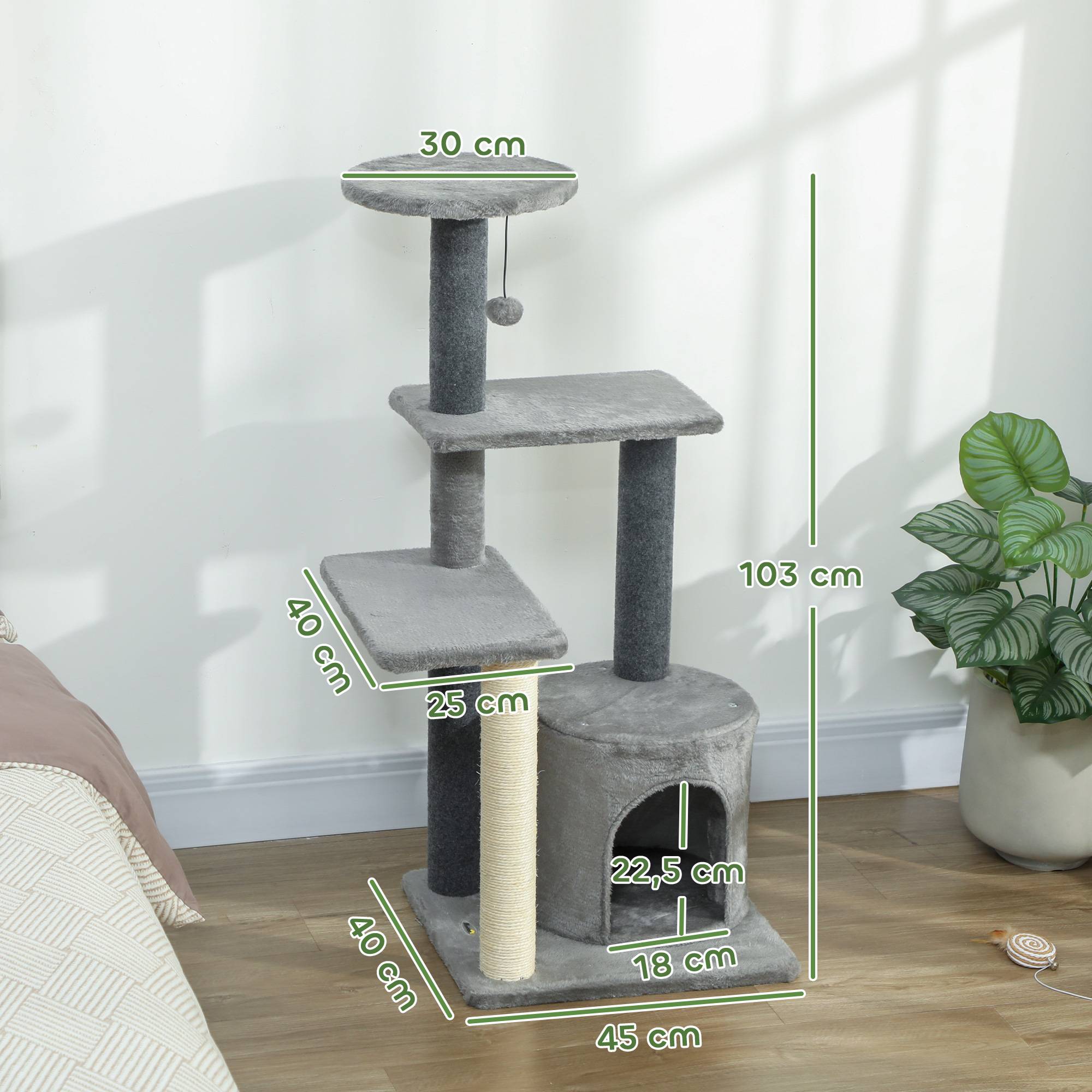 Arbre à chat avec sisal pour deux félins plateformes et niche 103cm gris - ComfortXL Outdoor Living - Image 5