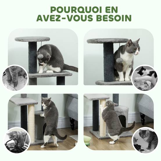 Arbre à chat avec sisal pour deux félins plateformes et niche 103cm gris - ComfortXL Outdoor Living - Image 9