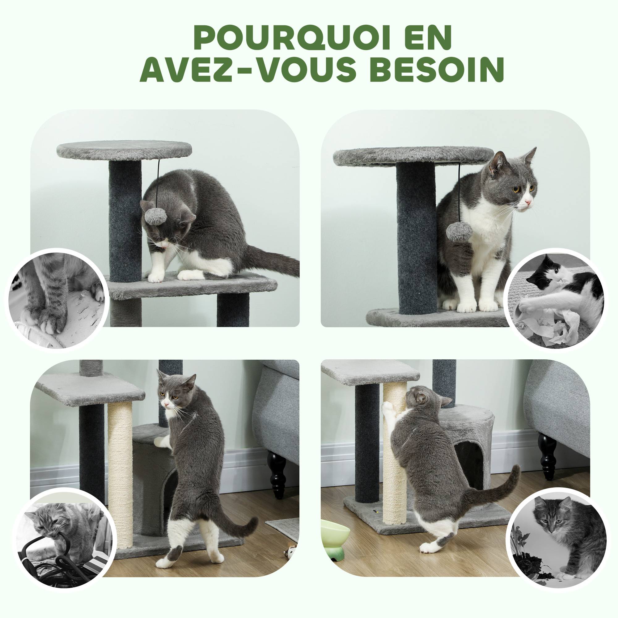 Arbre à chat avec sisal pour deux félins plateformes et niche 103cm gris - ComfortXL Outdoor Living - Image 9