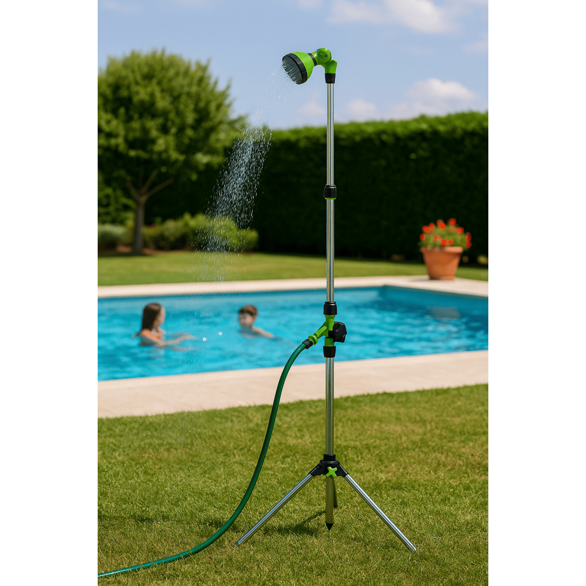 Douche Extérieure avec trépied 1,90m - Douche de Camping Portable Pommeau pivotant, Raccord Tuyau Arrosage Ø16 mm IRIS GARDEN - Imagen 4