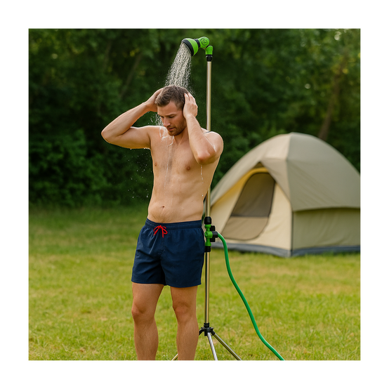 Douche Extérieure avec trépied 1,90m - Douche de Camping Portable Pommeau pivotant, Raccord Tuyau Arrosage Ø16 mm IRIS GARDEN - Imagen 2