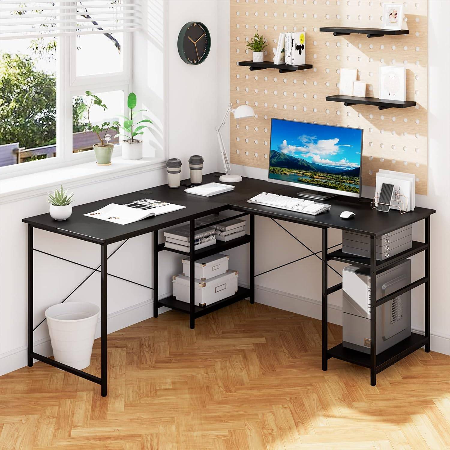 Bureau d'Angle, 151 x 151 x 75 CM, 4 Etagère de Rangement,Grand Table pour 2 Personnes Noir - Image 2