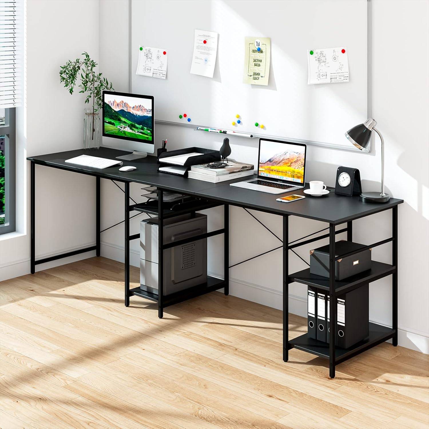 Bureau d'Angle, 151 x 151 x 75 CM, 4 Etagère de Rangement,Grand Table pour 2 Personnes Noir - Image 6