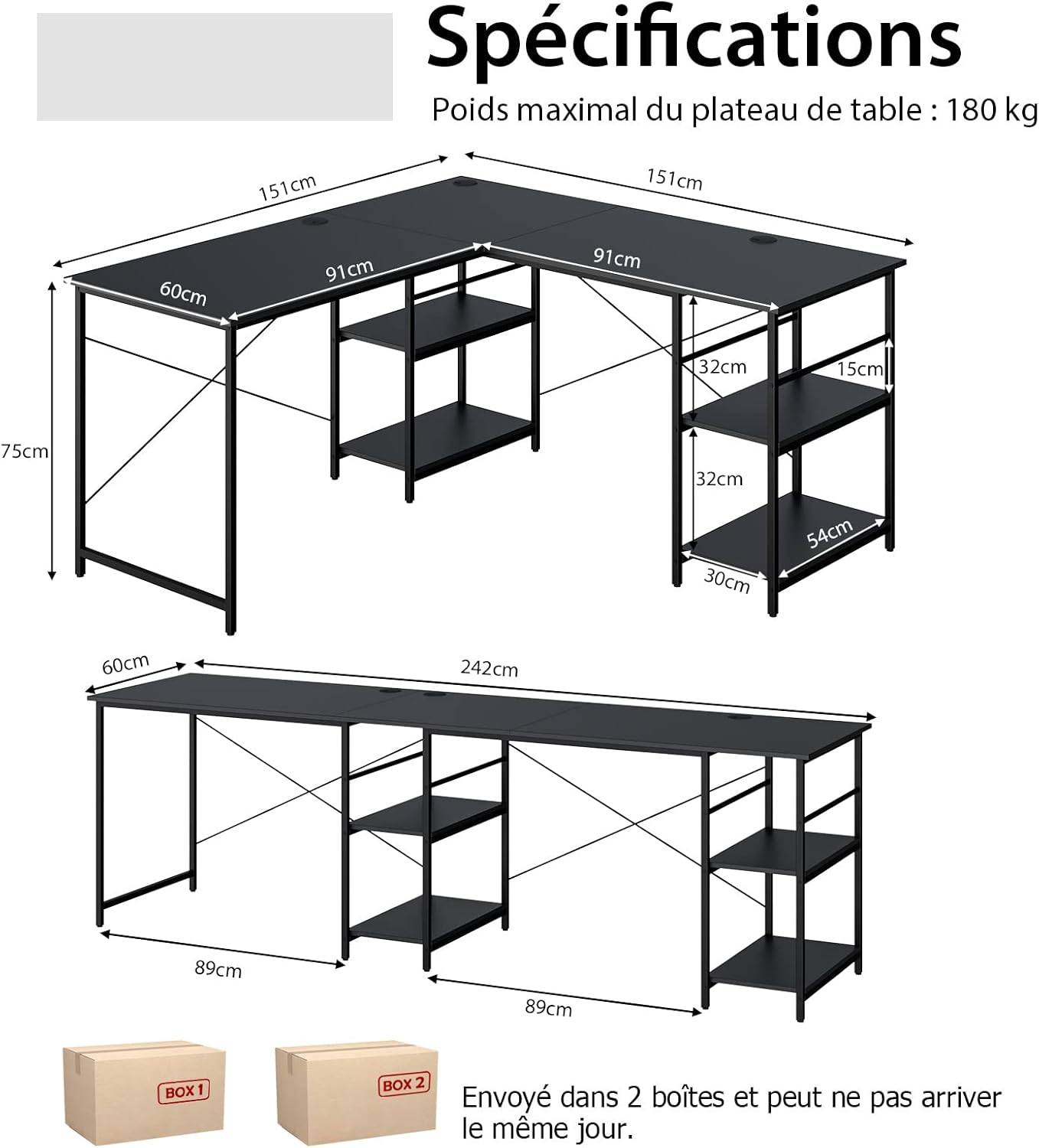 Bureau d'Angle, 151 x 151 x 75 CM, 4 Etagère de Rangement,Grand Table pour 2 Personnes Noir - Image 3