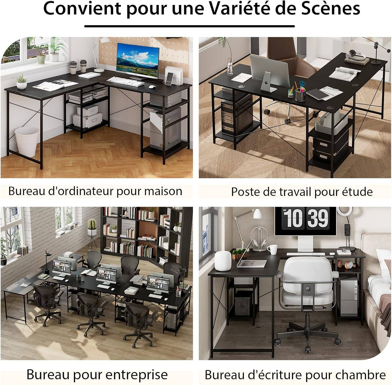 Bureau d'Angle, 151 x 151 x 75 CM, 4 Etagère de Rangement,Grand Table pour 2 Personnes Noir - Image 5