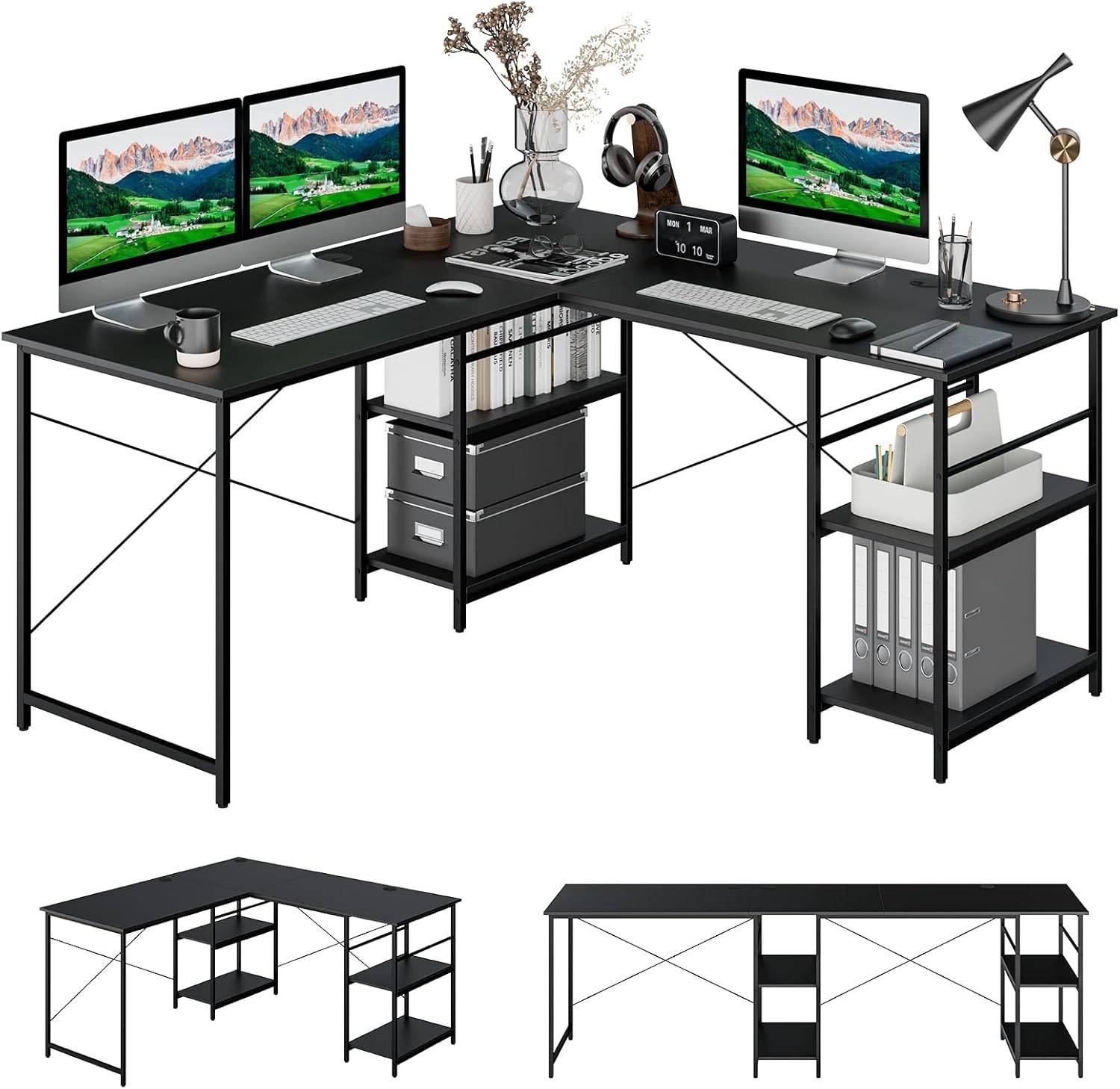 Bureau d'Angle, 151 x 151 x 75 CM, 4 Etagère de Rangement,Grand Table pour 2 Personnes Noir - Image 1