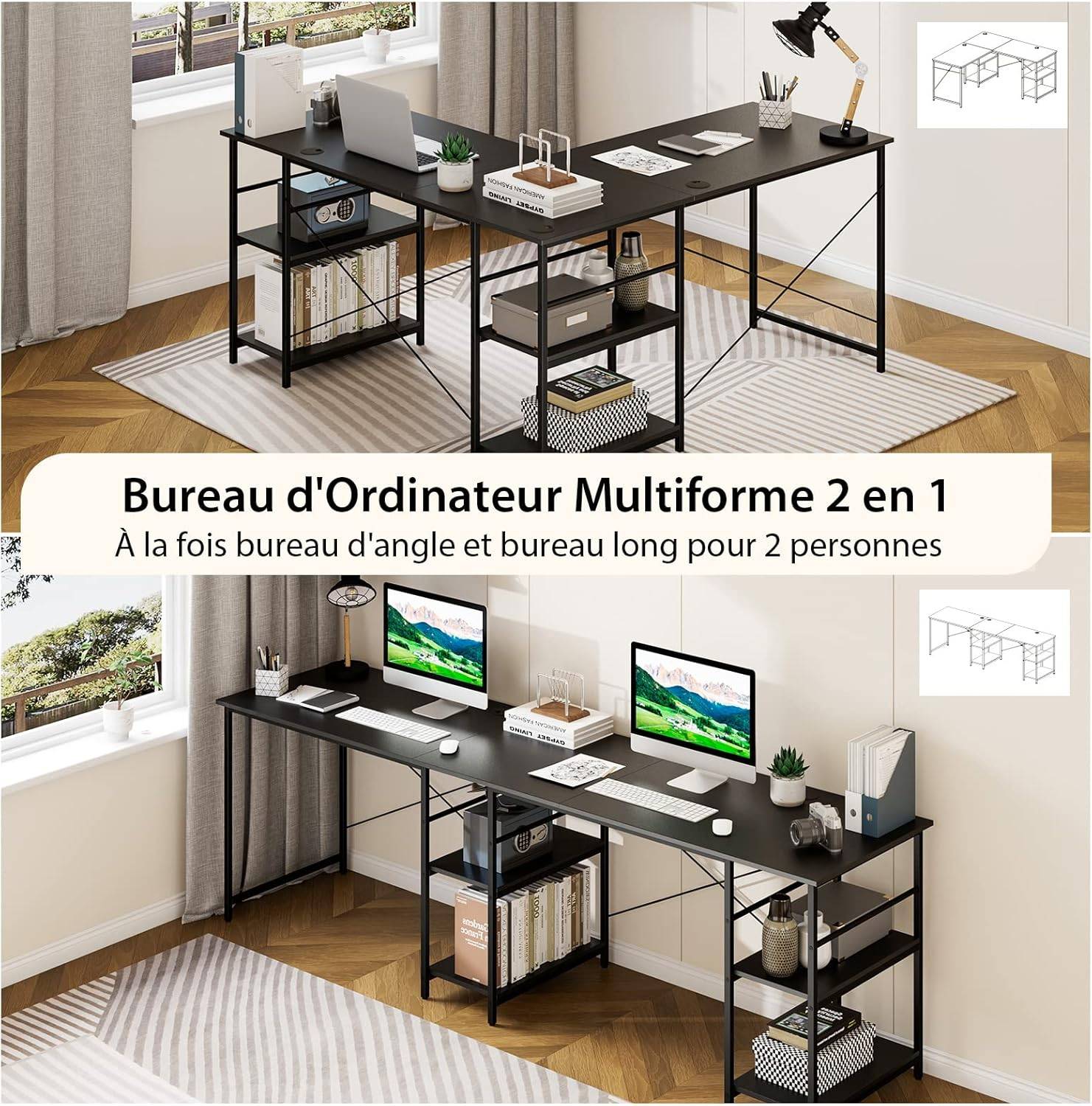 Bureau d'Angle, 151 x 151 x 75 CM, 4 Etagère de Rangement,Grand Table pour 2 Personnes Noir - Image 4