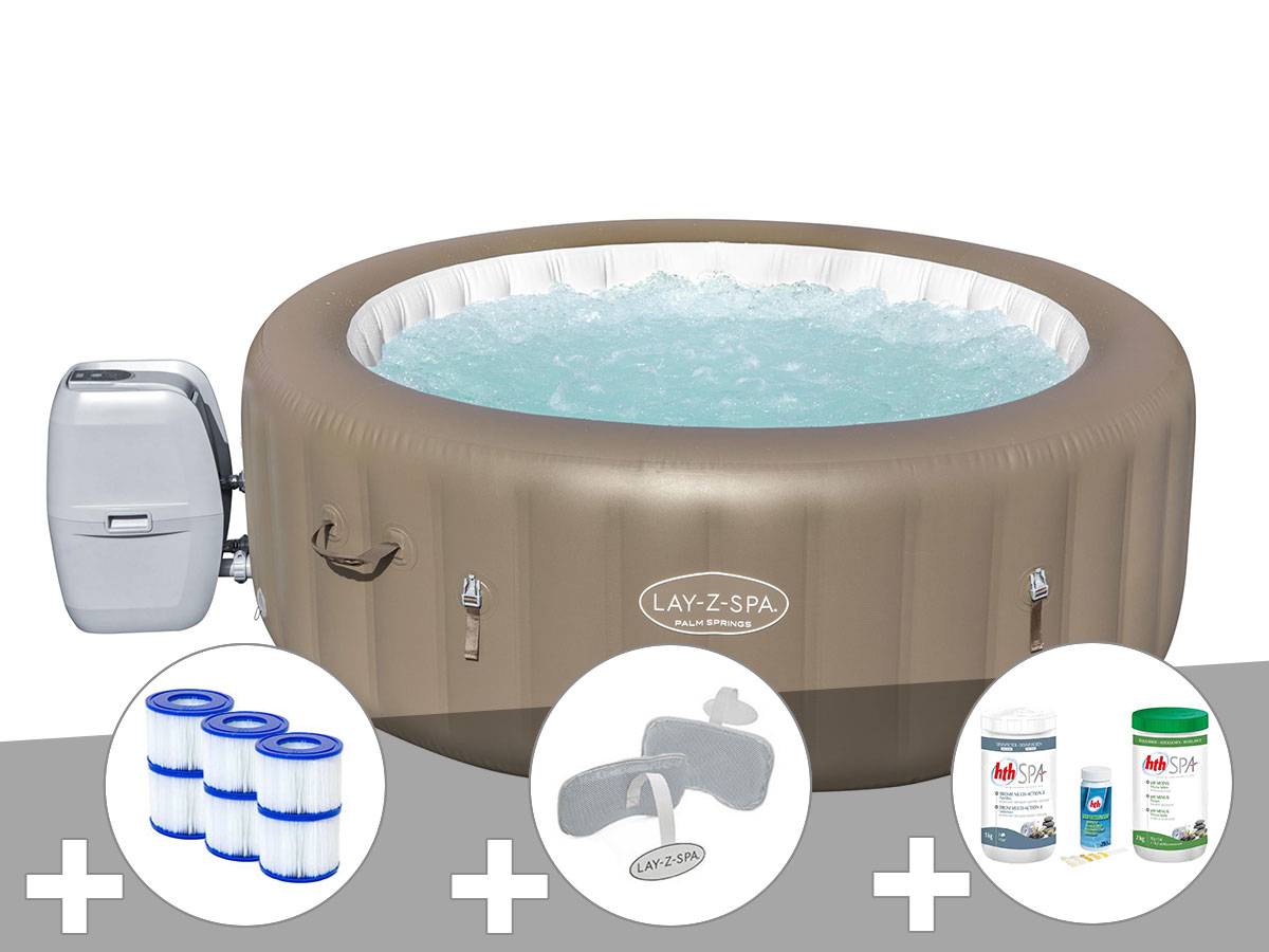 Bestway - Kit spa gonflable Bestway Lay-Z-Spa Palm Springs rond Airjet 4/6 places + 6 filtres + Kit traitement brome + 2 appuie-têtes