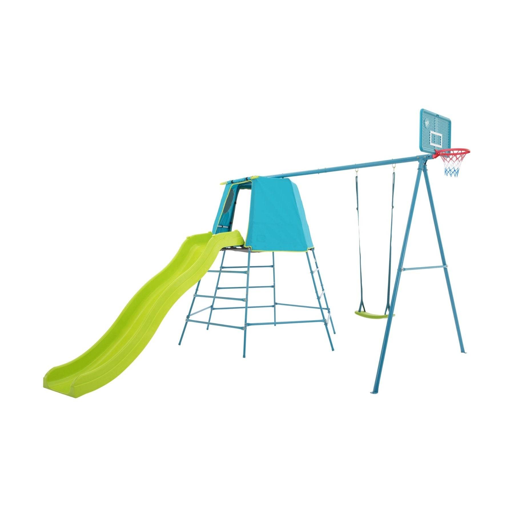 Tp Toys - Aire de jeux balançoire, toboggan et panier de basket - métal bleu - H246 cm - EXPLORER TOUR - Imagen 9