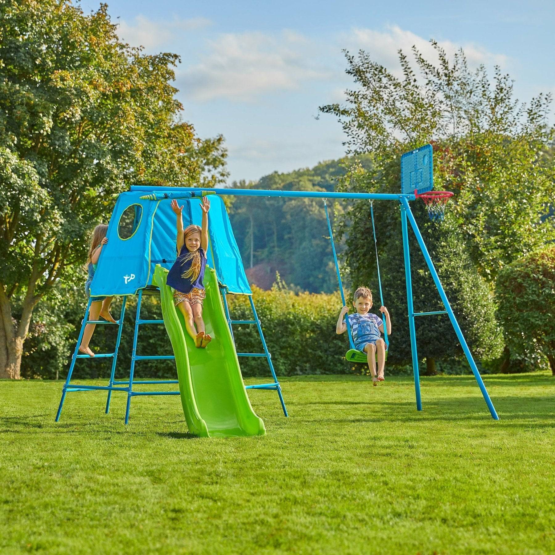 Tp Toys - Aire de jeux balançoire, toboggan et panier de basket - métal bleu - H246 cm - EXPLORER TOUR - Imagen 1