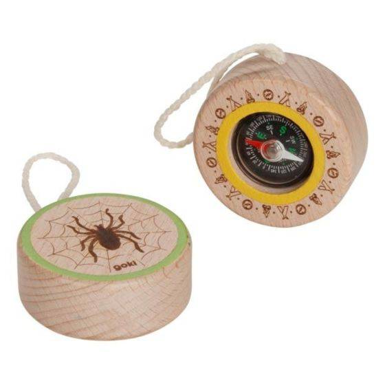 Goki - Mini-boussole en bois - motif araignée