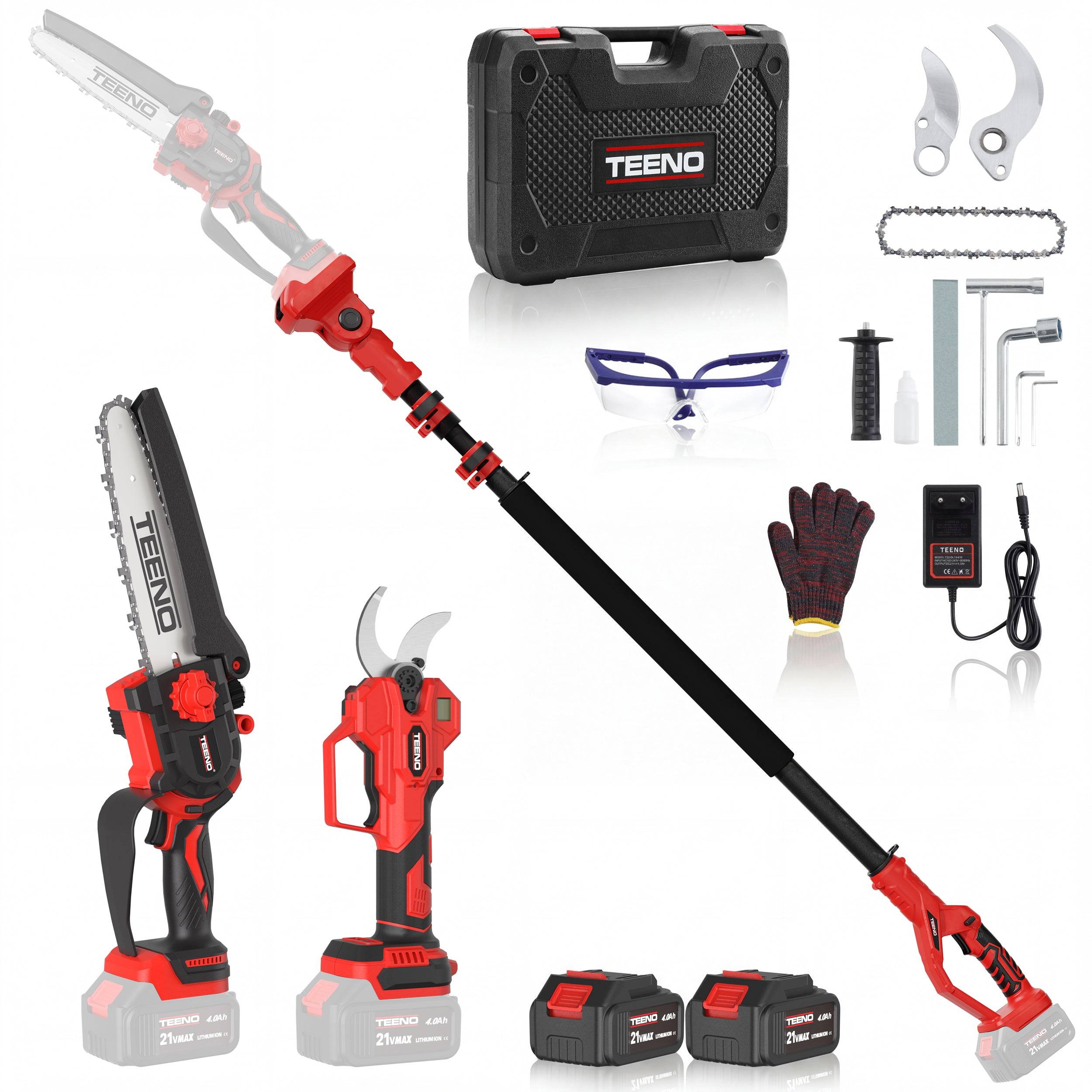 Ensemble de jardinage 4 en 1 : sécateur électrique 0-40 mm + mini tronçonneuse sans fil 6 pouces + perche télescopique 160-280 cm,2X4,0 Ah batteries, - Image 1