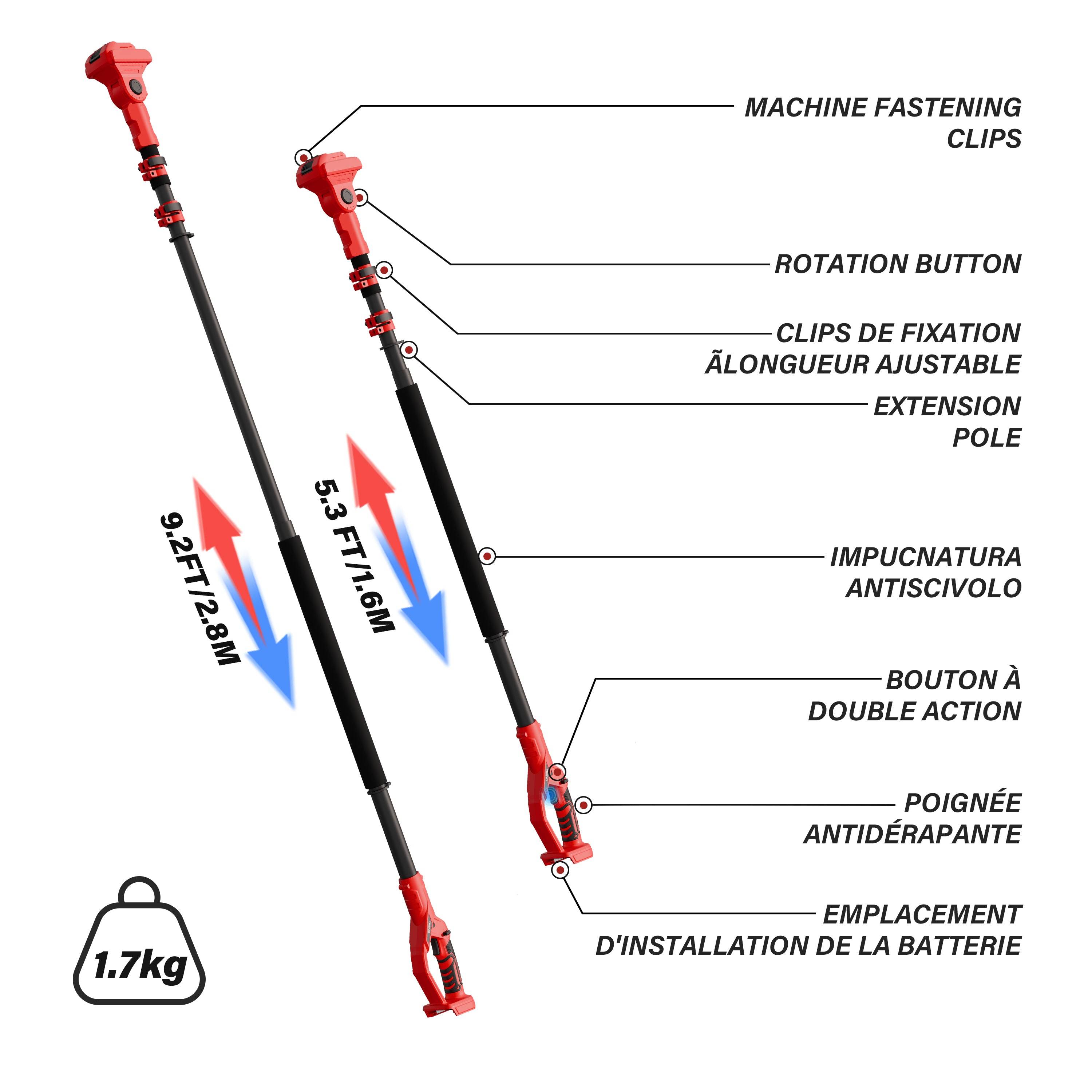 Ensemble de jardinage 4 en 1 : sécateur électrique 0-40 mm + mini tronçonneuse sans fil 6 pouces + perche télescopique 160-280 cm,2X4,0 Ah batteries, - Image 3