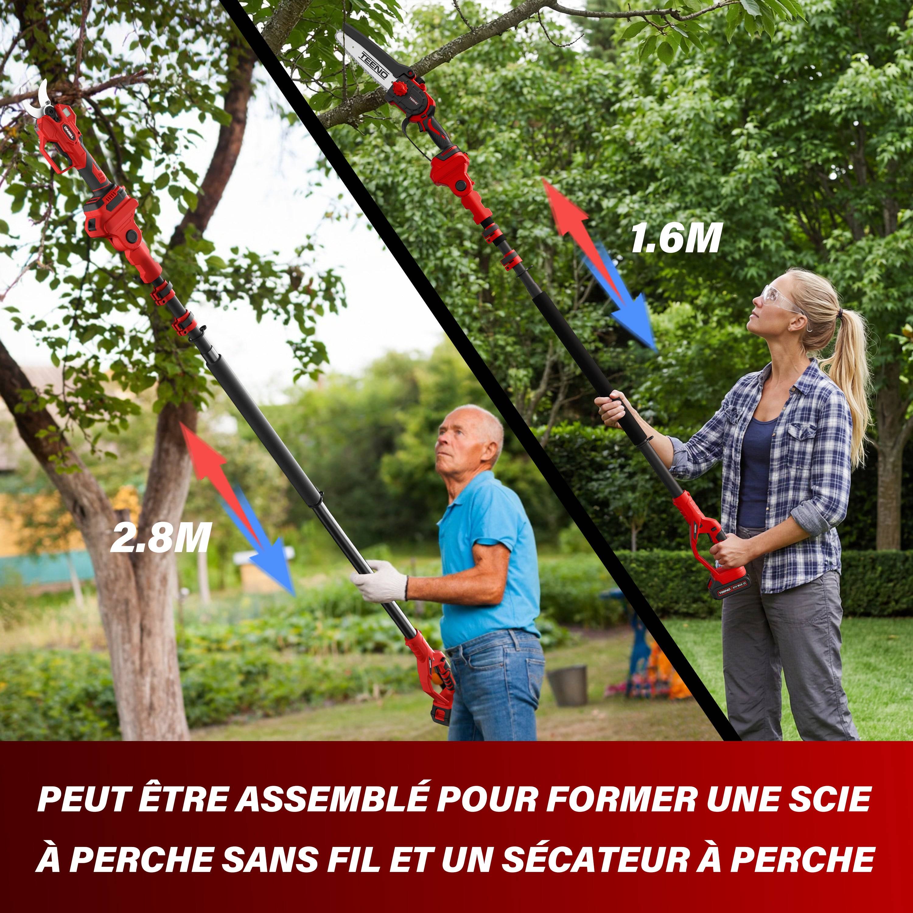 Ensemble de jardinage 4 en 1 : sécateur électrique 0-40 mm + mini tronçonneuse sans fil 6 pouces + perche télescopique 160-280 cm,2X4,0 Ah batteries, - Image 4