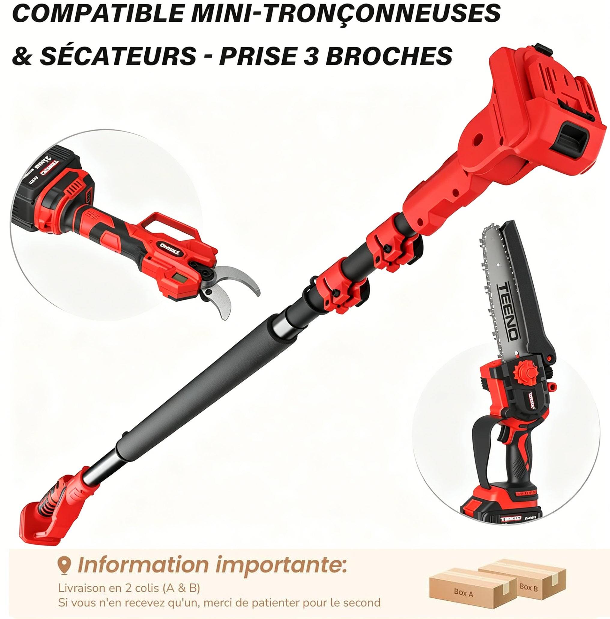 Ensemble de jardinage 4 en 1 : sécateur électrique 0-40 mm + mini tronçonneuse sans fil 6 pouces + perche télescopique 160-280 cm,2X4,0 Ah batteries, - Image 2