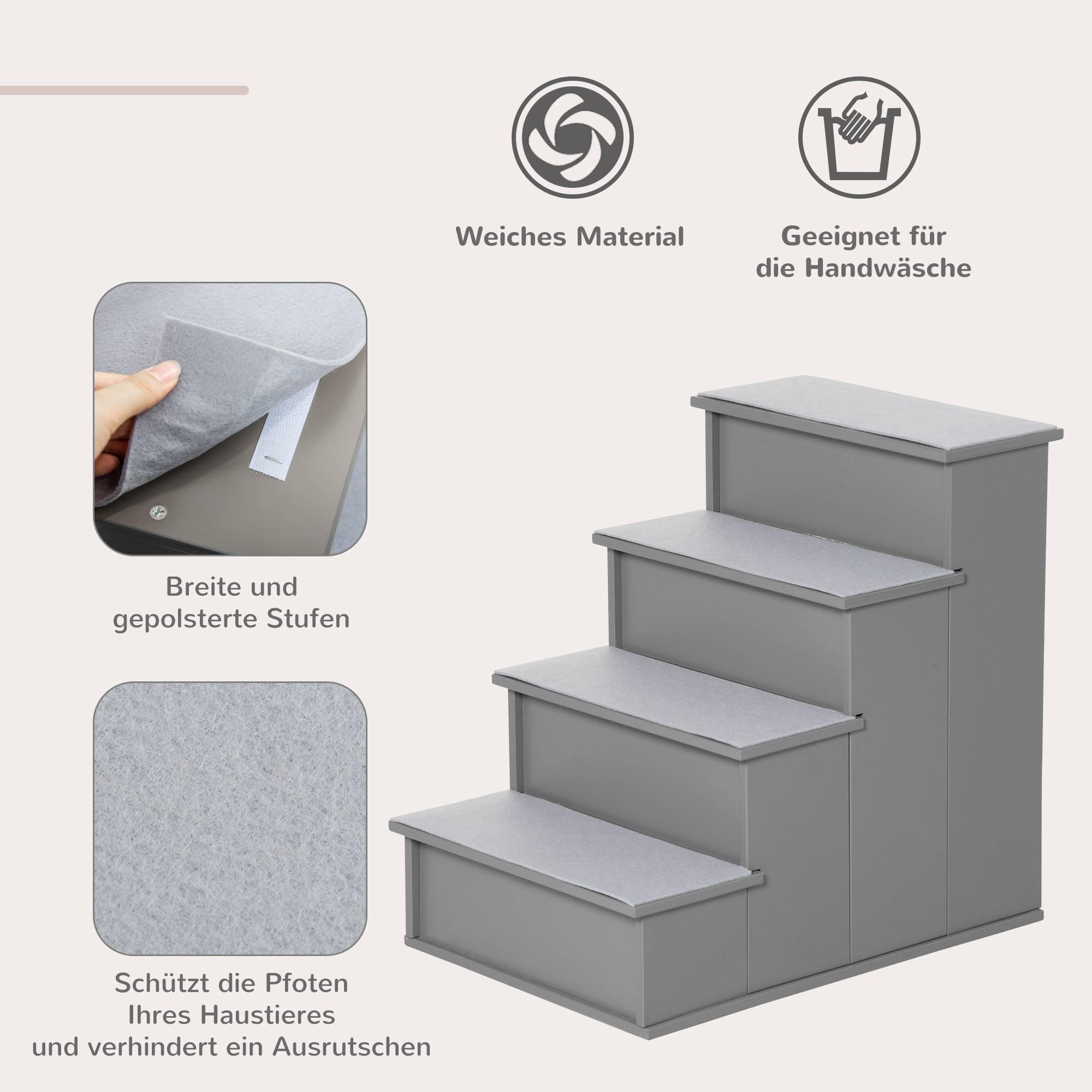 Escalier animaux, chiens/chats, 4 marches, peluche courte, jusqu'à 30 kg, 40x59x54,2cm, gris - Image 6
