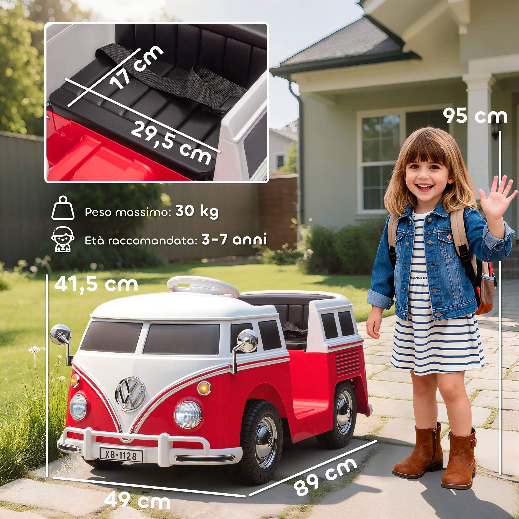 Auto électrique pour enfants licence Volkswagen T1, MP3, métal et PP, 89x49x41,5 cm, rouge - Image 5