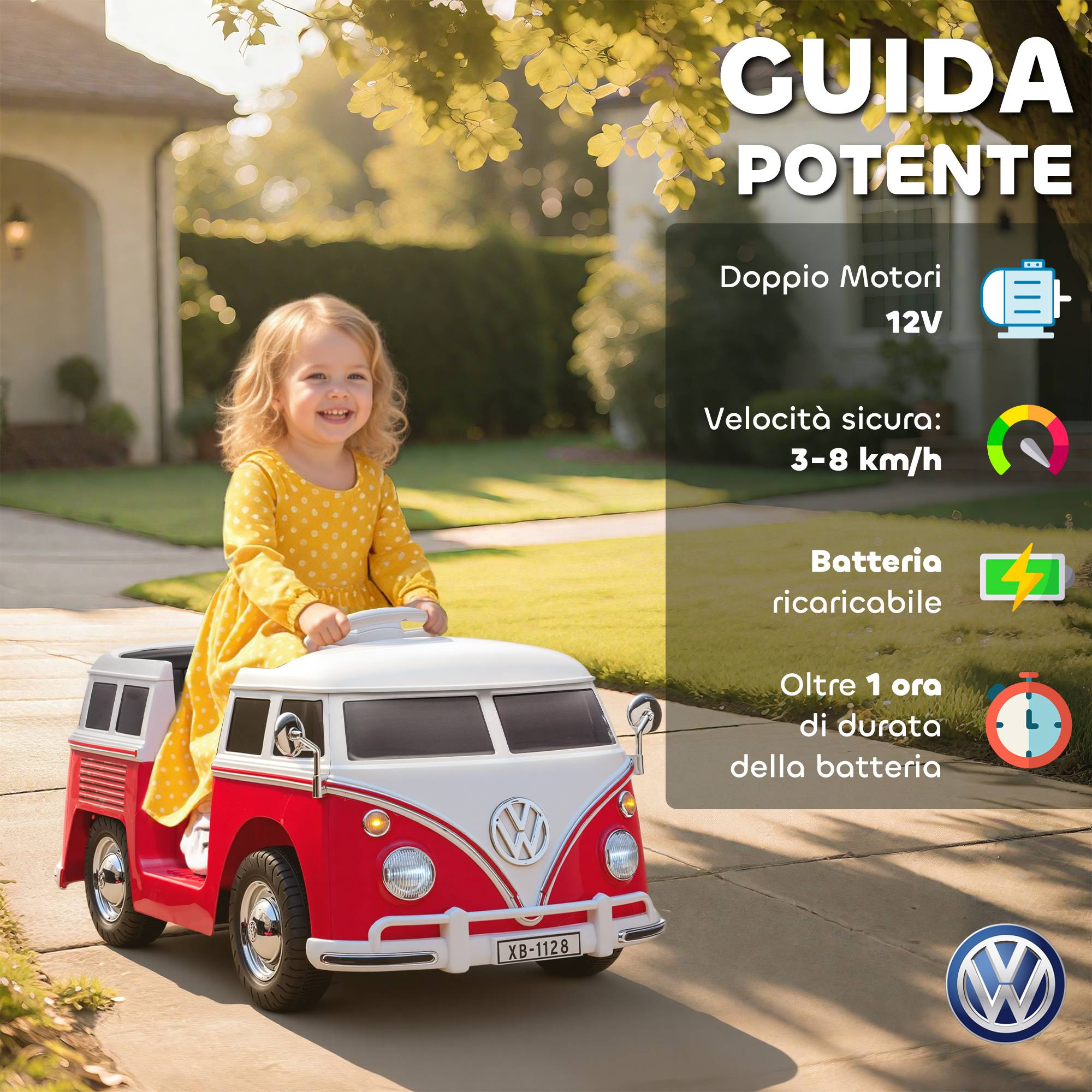 Auto électrique pour enfants licence Volkswagen T1, MP3, métal et PP, 89x49x41,5 cm, rouge - Image 7