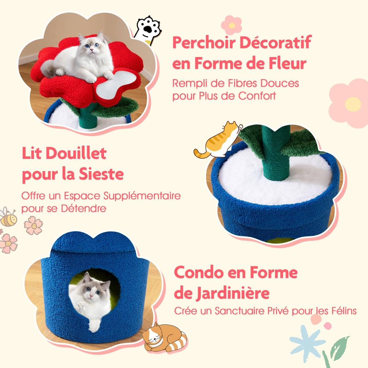 Arbre à Chat Mignon pour Chats d'Intérieur Tour pour Chatons avec Perchoir Rembourré en Fleur - Image 6