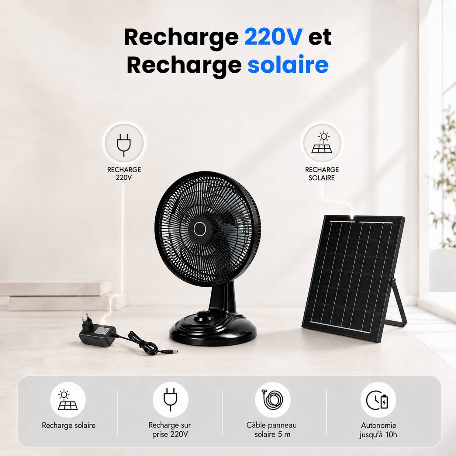 Ventilateur de Table Solaire Silencieux - 3 Vitesses - Recharge USB et Solaire - Autonomie 10h - Compact Portable - Groupe DDC - Image 6