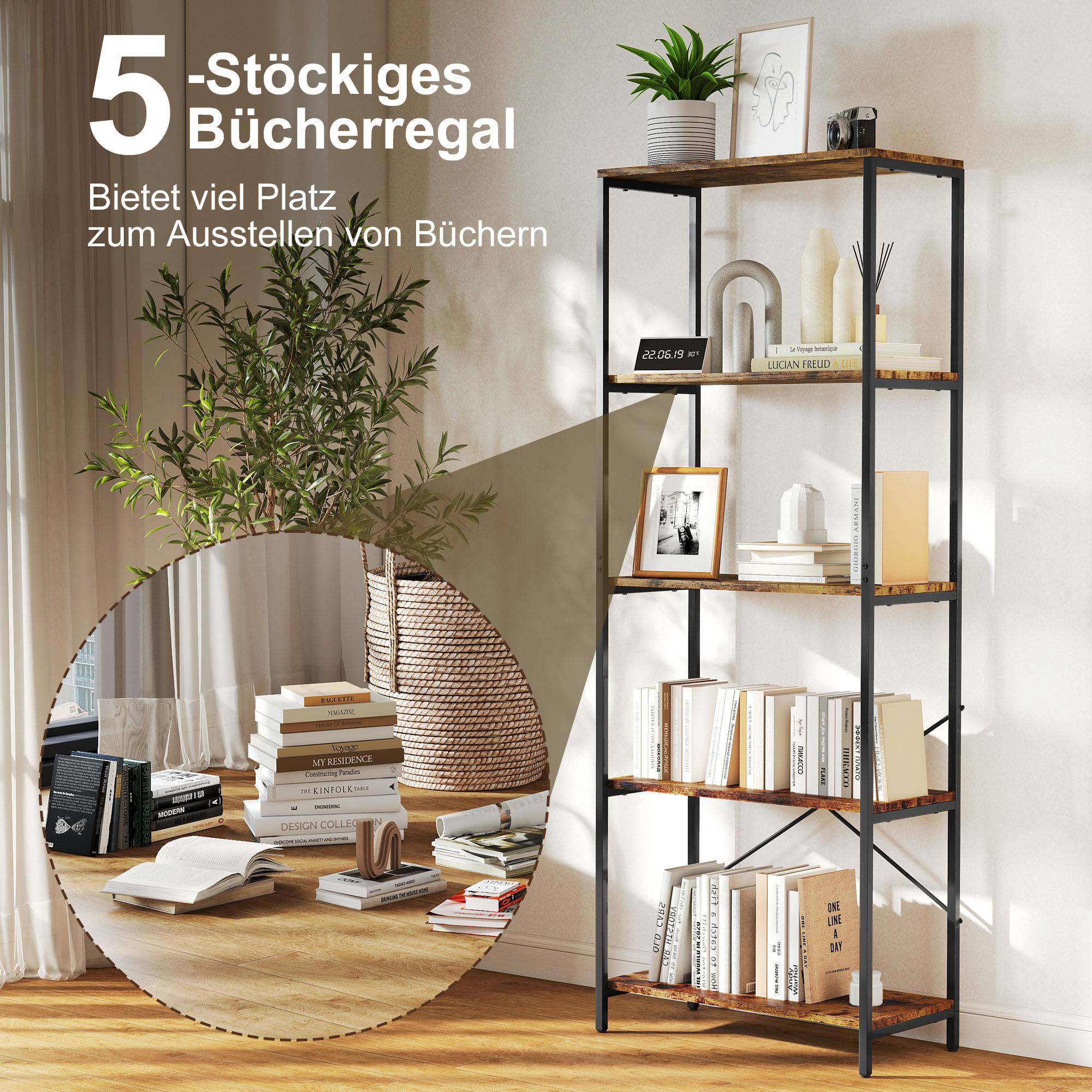 Étagère à livres, 5 tablettes, métal, surface en mélamine, marron - Image 6