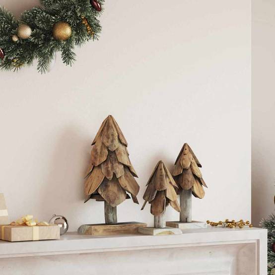 Lot de 3 sapins de Noël rustiques en bois de teck massif décoration Marron – ComfortXL Outdoor Living - Image 1