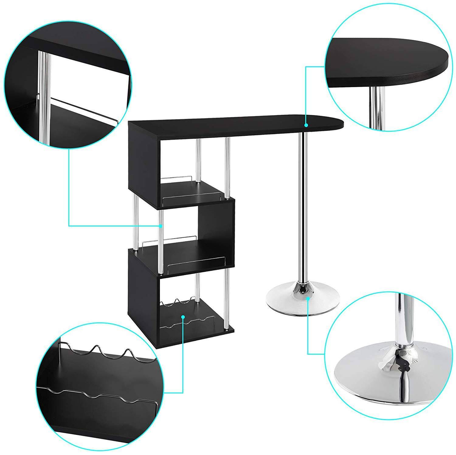 Helloshop26 - Table de bar moderne avec trois espaces d'étagères MDF et métal noir - Imagen 2