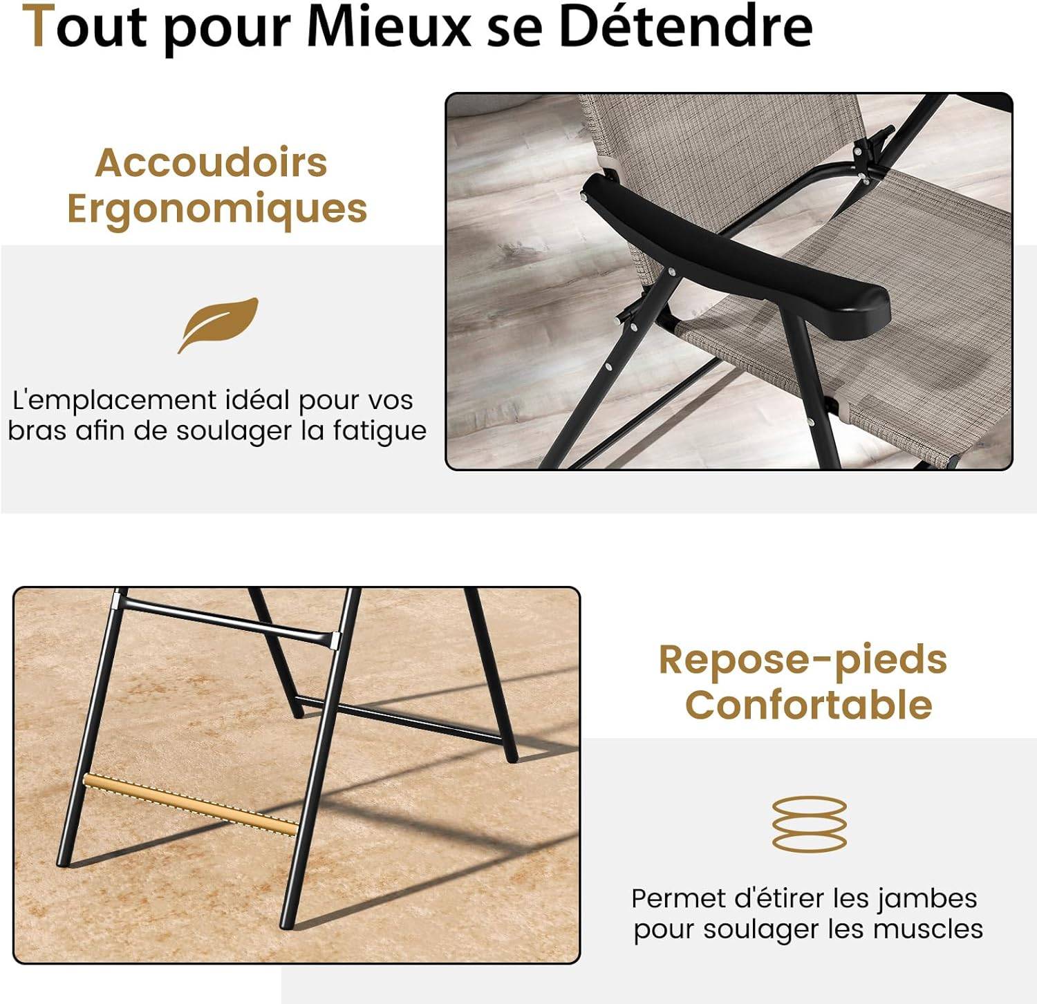 LIFERUN Lot 4 Chaises Jardin Empilables Dossier Haut - Acier Textilène Gris Lin 150 Kg