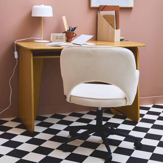 Chaise de bureau à roulettes velours côtelé blanc cassé. L 60 x P 62 x H 89 / 99cm | sweeek - Image 3
