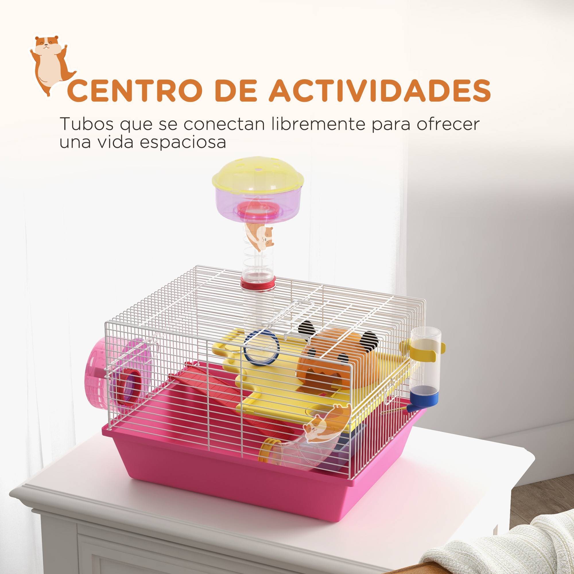 Cage pour hamster avec gamelle d'eau, roue d'exercice, tour d'observation et maisonnette 34x27x25 cm Rose - Image 6
