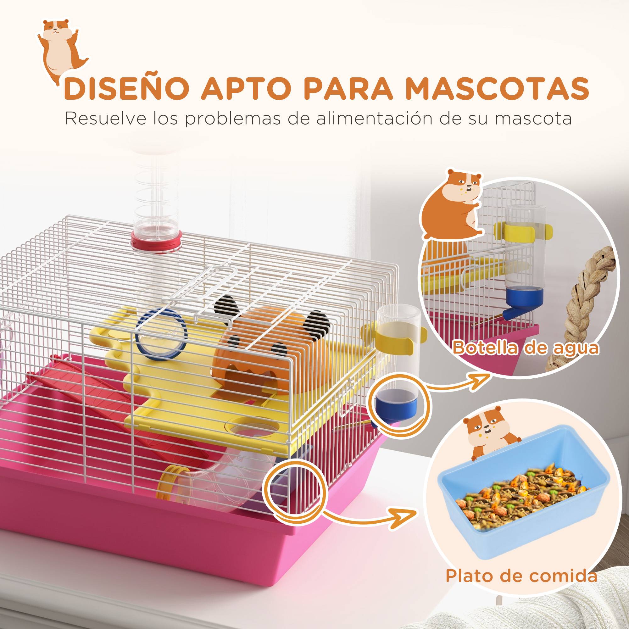 Cage pour hamster avec gamelle d'eau, roue d'exercice, tour d'observation et maisonnette 34x27x25 cm Rose - Image 9
